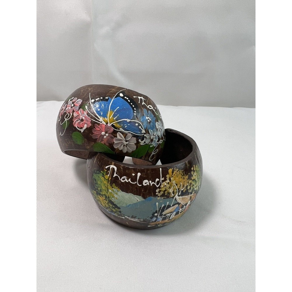 2‎ X Coconut Shell Bangles Floral Butterfly Hand Painted Vacation Style Thailand